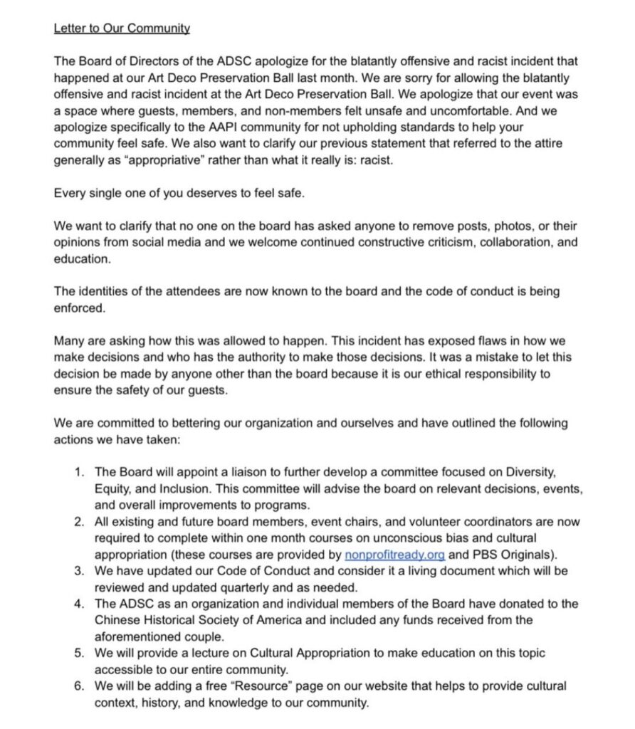 Art Deco Society of California apology letter